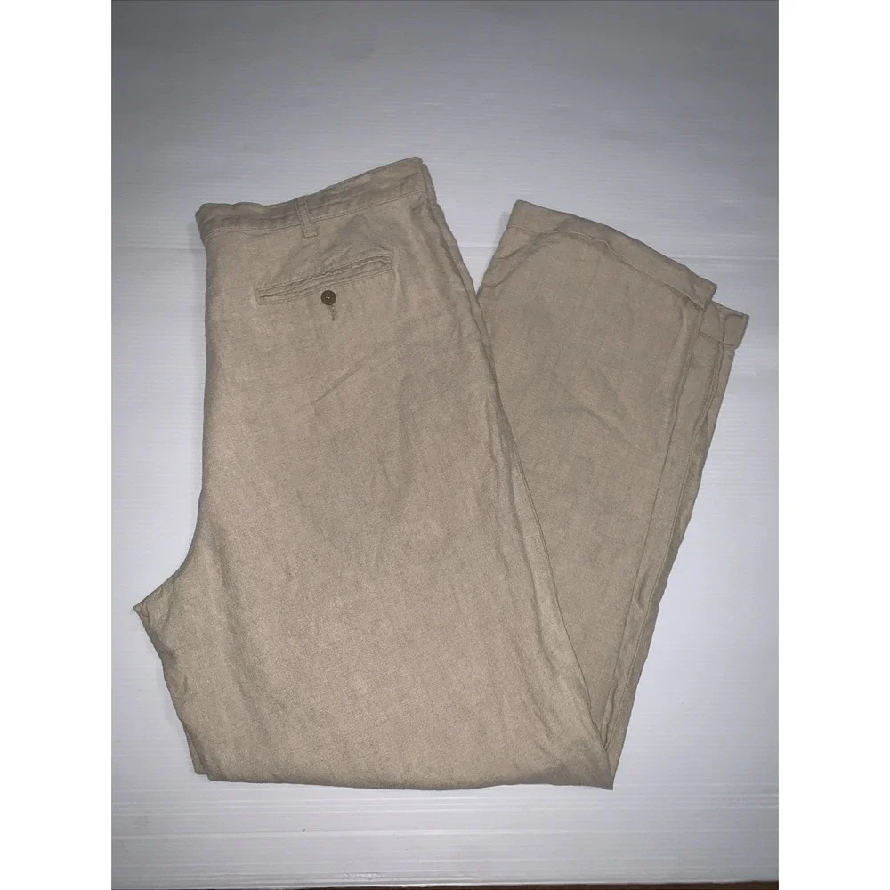 Eddie Bauer 100% Linen Pants Mens 38 Tall Cuffed Pleated Tan Casual Resort 38x32